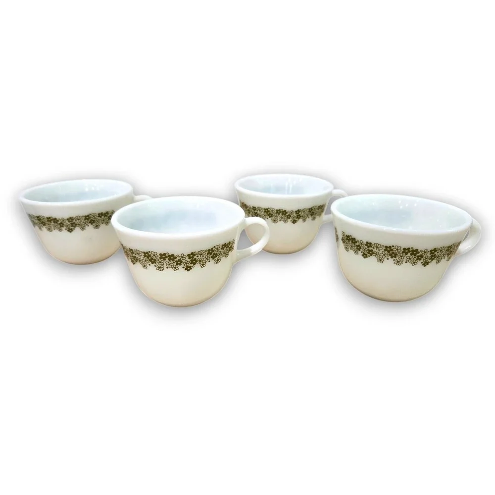 Set Of 4 Pyrex Corelle Spring Blossom Crazy Daisy Green Floral Coffee Tea Cups